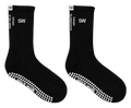 Stick Walk grip crew sock in black — SW cuff mark, side slogans, white silicone grip sole