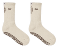 Stick Walk grip crew sock in cream — SW cuff mark, side slogans, espresso silicone grip sole