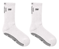 Stick Walk grip crew sock in white — SW cuff mark, side slogans, black silicone grip sole