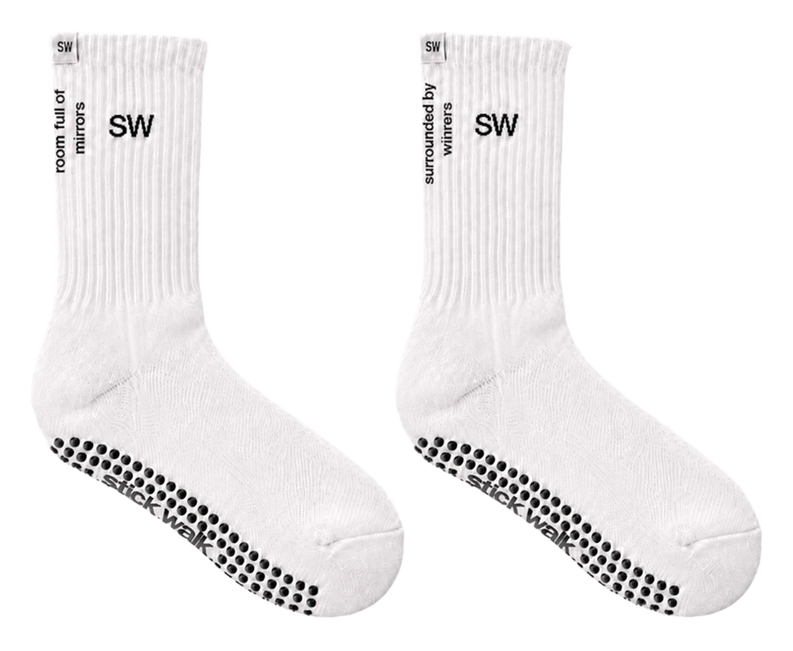 Stick Walk grip crew sock in white — SW cuff mark, side slogans, black silicone grip sole