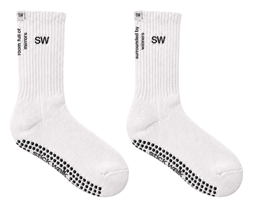 Stick Walk grip crew sock in white — SW cuff mark, side slogans, black silicone grip sole