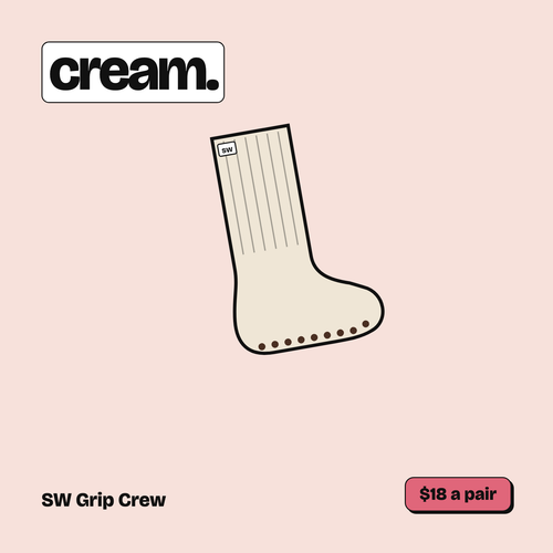 Illustration of the SW Grip Crew in cream with an espresso dot sole, $18 a pair.